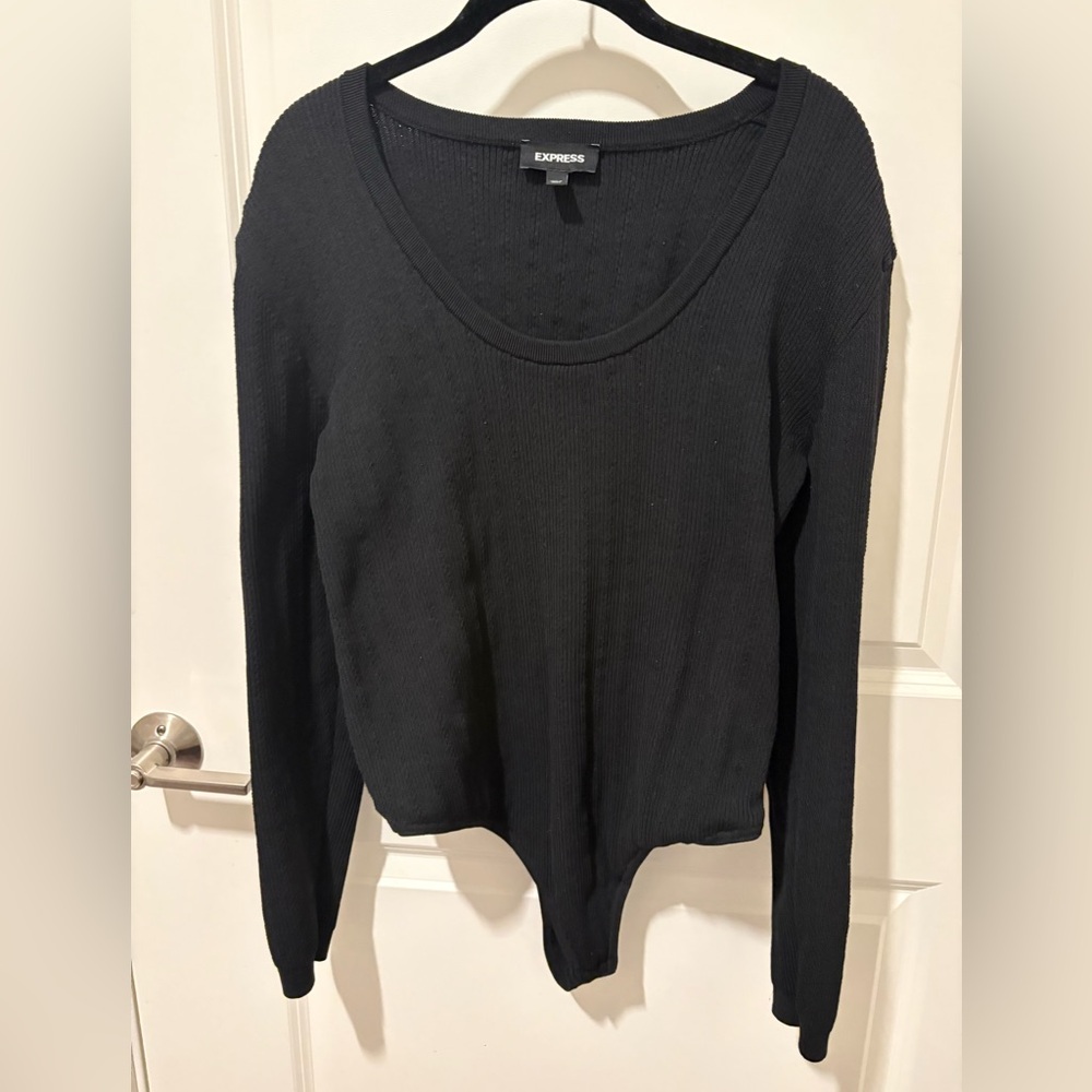 Express Black Ribbed Scoop-Neck Long-Sleeve Bodysuit